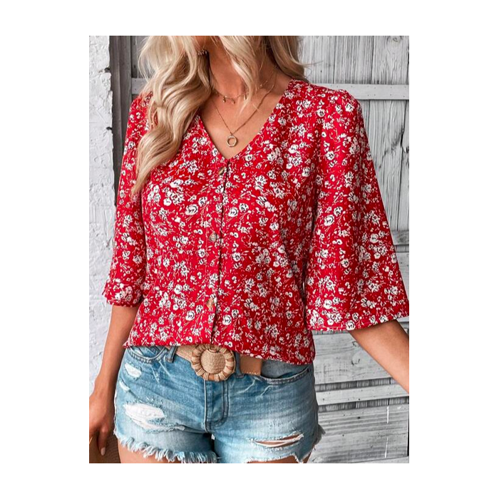 Women Floral Three Quarter Sleeve Blouse Spring/Fall V Neck Bell Sleeve Daily Casual Top