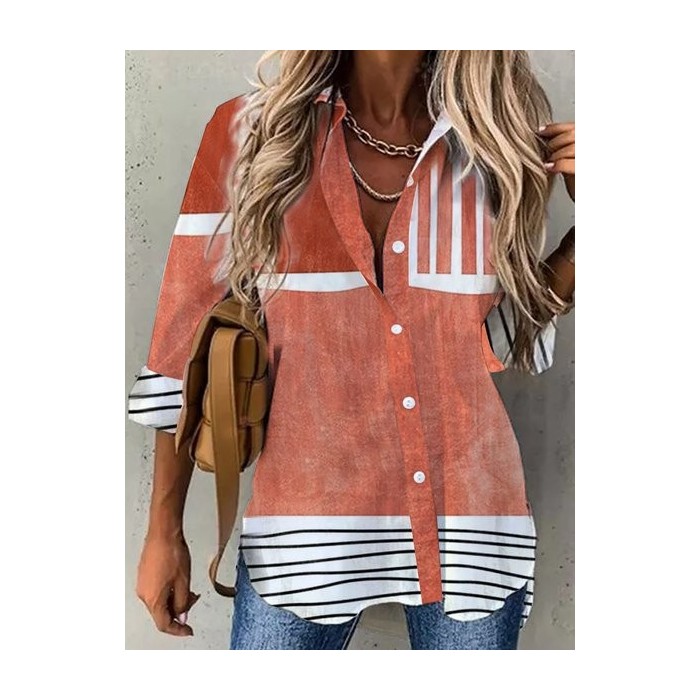Women's Long Sleeve Shirt Spring/Fall Striped Shirt Collar Daily Going Out Casual Top