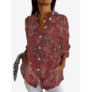 Women's Long Sleeve Shirt Spring/Fall Ethnic Shirt Collar Vacation Going Out Casual Top