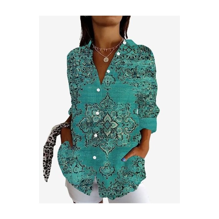 Women's Long Sleeve Shirt Spring/Fall Ethnic Shirt Collar Vacation Going Out Casual Top