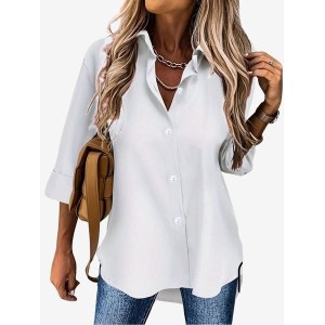 Women's Long Sleeve Shirt Spring/Fall Plain Shirt Collar Daily Going Out Casual Top