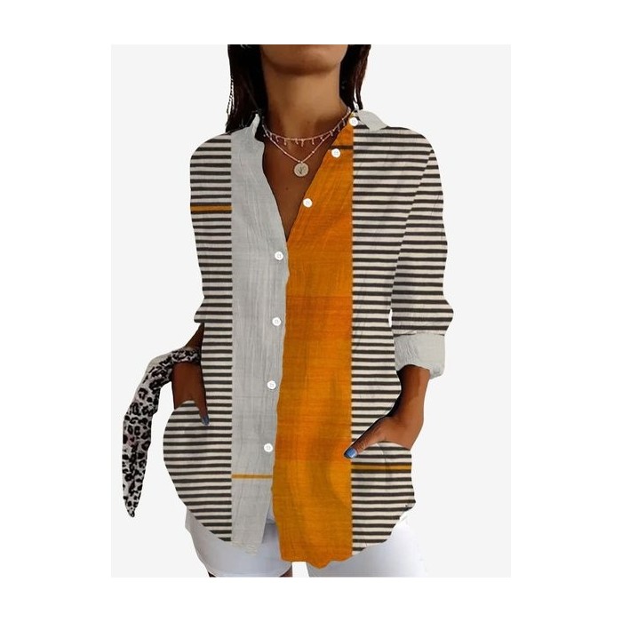 Women's Long Sleeve Shirt Spring/Fall Striped Shirt Collar Daily Going Out Casual Top