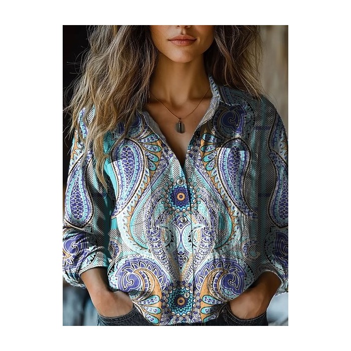 Women's Long Sleeve Shirt Spring/Fall Ethnic Shirt Collar Holiday Going Out Casual Top