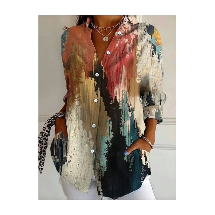 Women's Long Sleeve Shirt Spring/Fall Abstract Shirt Collar Daily Going Out Casual Top
