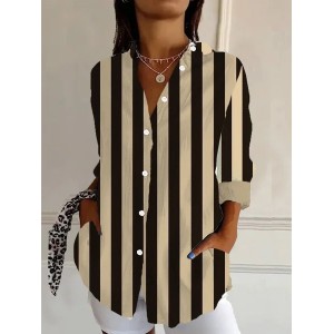 Women's Long Sleeve Shirt Spring/Fall Striped Shirt Collar Daily Going Out Casual Top