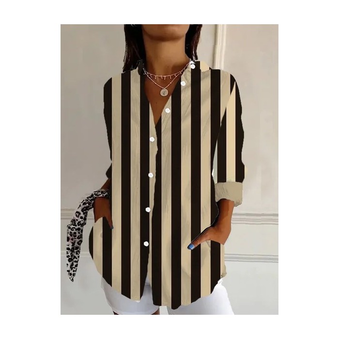 Women's Long Sleeve Shirt Spring/Fall Striped Shirt Collar Daily Going Out Casual Top