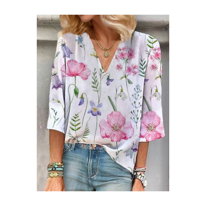 Women's Three Quarter Sleeve Blouse Spring/Fall Floral V Neck Daily Going Out Casual Top