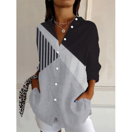 Women's Long Sleeve Shirt Spring/Fall Striped Buckle Shirt Collar Daily Going Out Casual Top