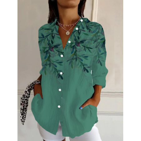 Women's Long Sleeve Shirt Spring/Fall Plants Buckle Shirt Collar Daily Going Out Casual Top
