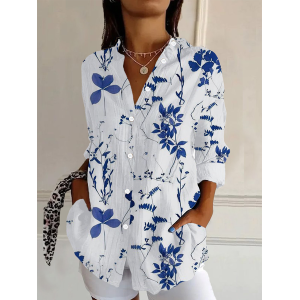 Women's Long Sleeve Shirt Spring/Fall Floral Buckle Shirt Collar Daily Going Out Casual Top