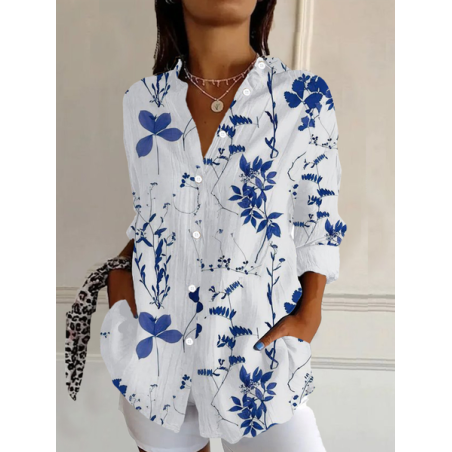 Women's Long Sleeve Shirt Spring/Fall Floral Buckle Shirt Collar Daily Going Out Casual Top