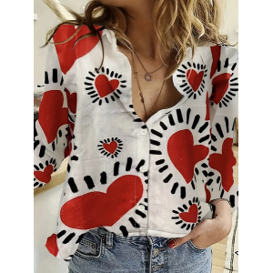 Women's Long Sleeve Shirt Spring/Fall Heart/Cordate Printing Shirt Collar Daily Going Out Casual Top