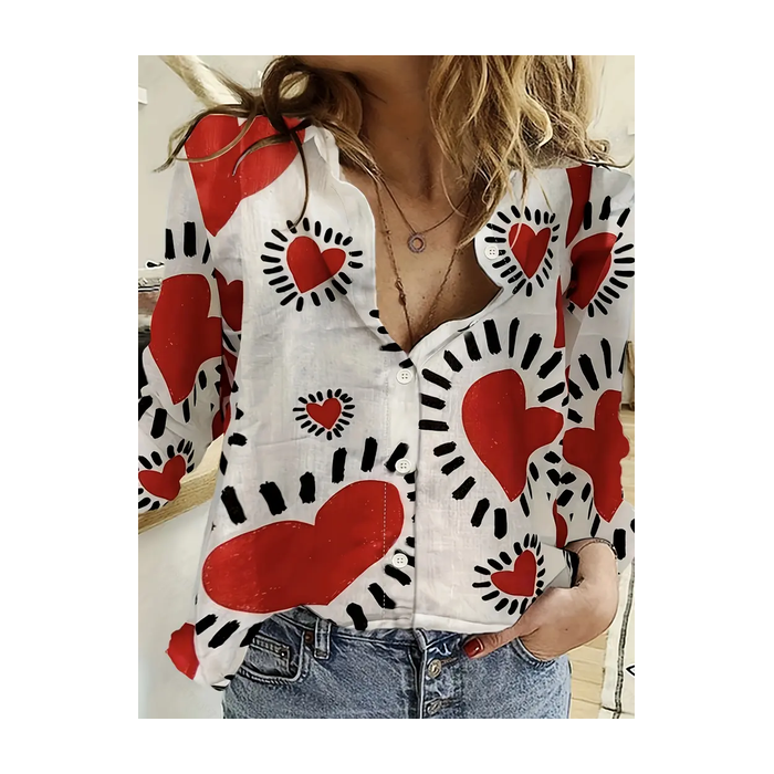 Women's Long Sleeve Shirt Spring/Fall Heart/Cordate Printing Shirt Collar Daily Going Out Casual Top