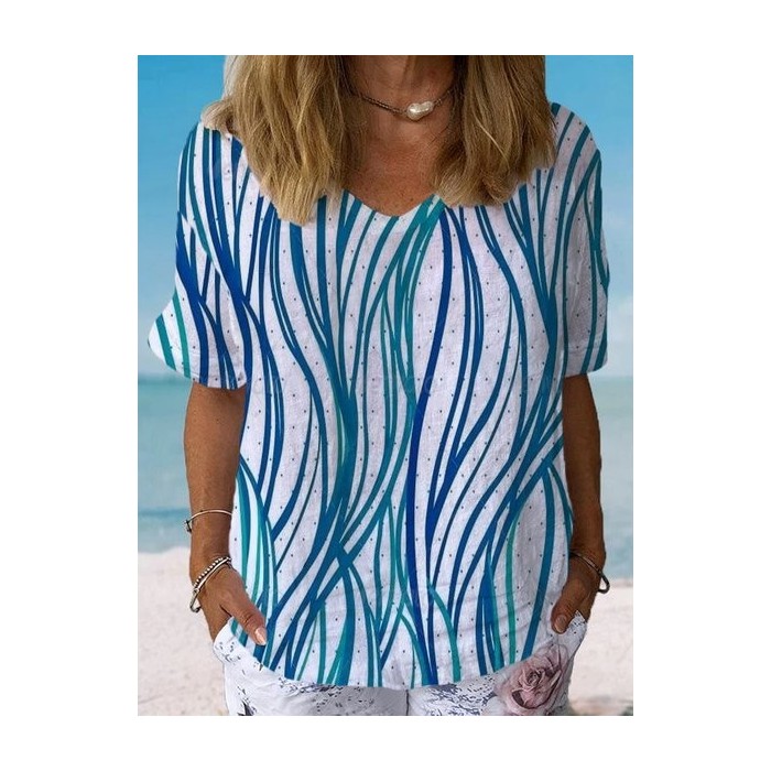 Women's Short Sleeve Blouse Summer Abstract Cotton Crew Neck Daily Going Out Casual Top