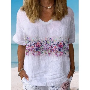 Women's Short Sleeve Blouse Summer Floral Cotton Crew Neck Daily Going Out Casual Top
