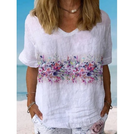 Women's Short Sleeve Blouse Summer Floral Cotton Crew Neck Daily Going Out Casual Top