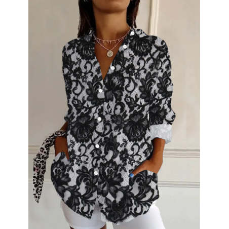 Women's Long Sleeve Shirt Spring/Fall Floral Buckle Shirt Collar Daily Going Out Casual Top