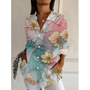 Women's Long Sleeve Shirt Spring/Fall Floral Buckle Shirt Collar Daily Going Out Casual Top