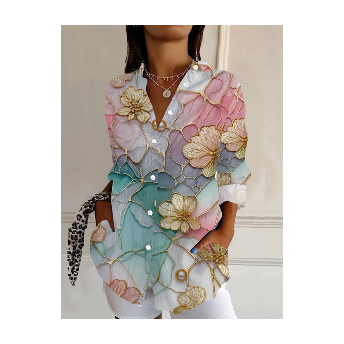 Women's Long Sleeve Shirt Spring/Fall Floral Buckle Shirt Collar Daily Going Out Casual Top