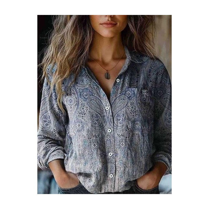 Women's Long Sleeve Shirt Spring/Fall Ethnic Shawl Collar Daily Going Out Vintage Top