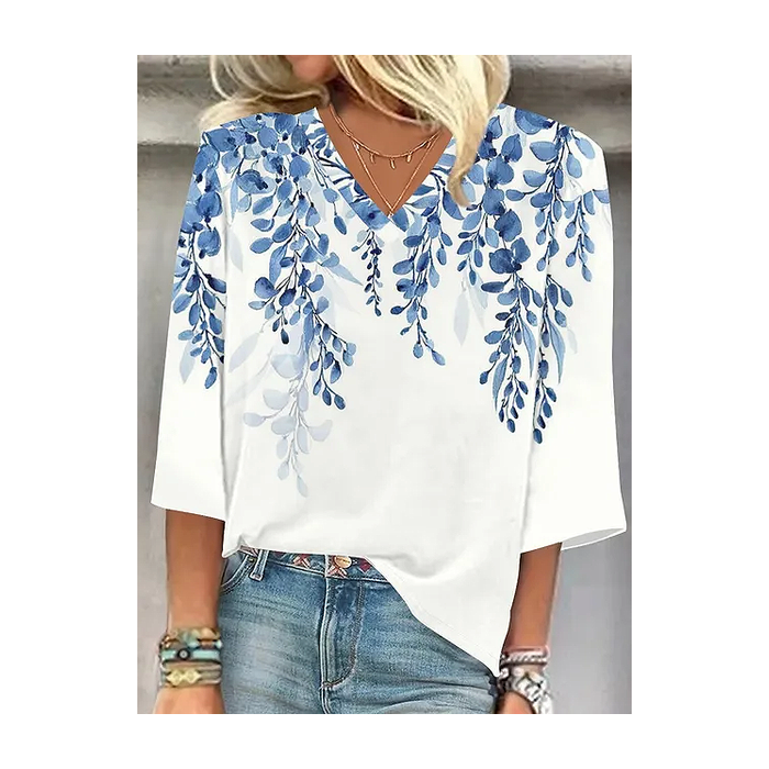 Women's Three Quarter Sleeve Blouse Spring/Fall Floral Printing V Neck Daily Going Out Casual Top