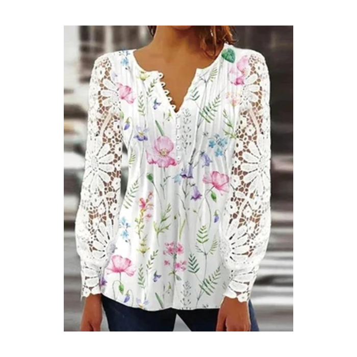 Women's Long Sleeve Blouse Spring/Fall Floral Lace Jersey V Neck Daily Going Out Casual Top