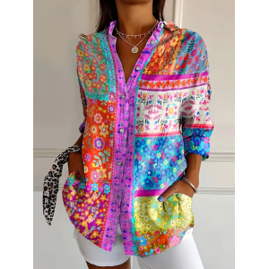 Women's Floral Long Sleeve Shirt Spring/Fall Buckle Shirt Collar Daily Casual Top