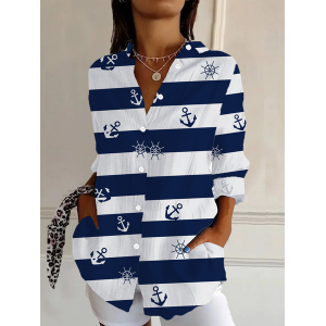 Women's Striped Long Sleeve Shirt Spring/Fall Buckle Shirt Collar Daily Casual Top