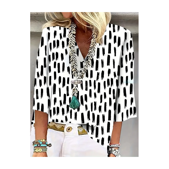 Women's Geometric Three Quarter Sleeve Blouse_ Spring/Fall Printing V Neck Daily Casual Top