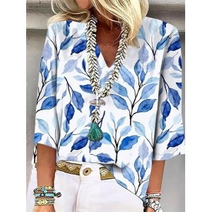 Women's Floral Three Quarter Sleeve Blouse_ Spring/Fall Printing V Neck Daily Casual Top