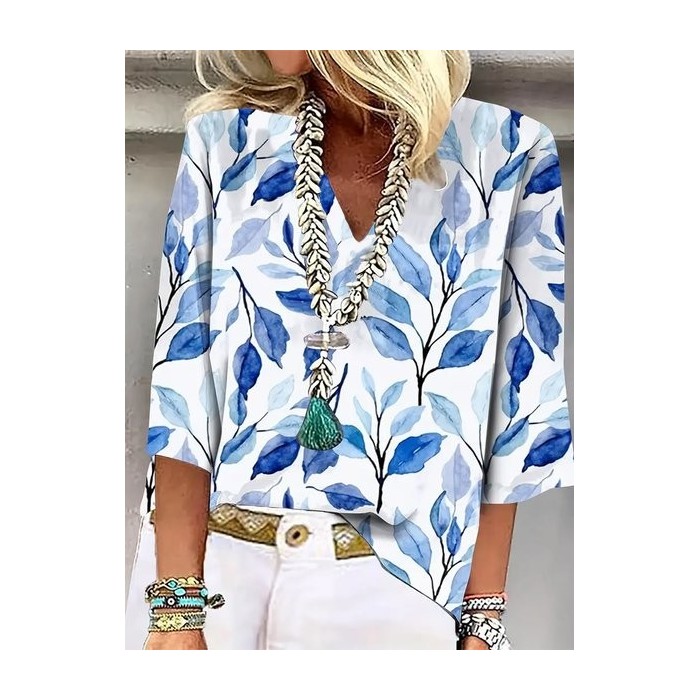 Women's Floral Three Quarter Sleeve Blouse_ Spring/Fall Printing V Neck Daily Casual Top