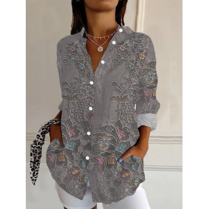 Women's Floral Long Sleeve Shirt Spring/Fall Buckle Shirt Collar Daily Casual Top
