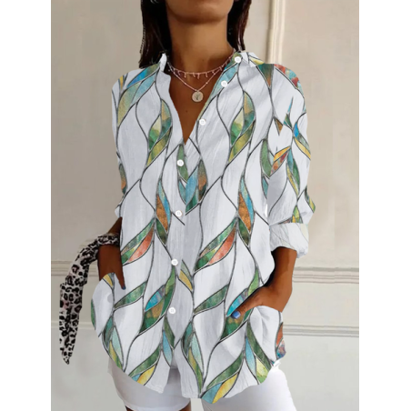 Women's Geometric Long Sleeve Shirt Spring/Fall Buckle Shirt Collar Daily Casual Top