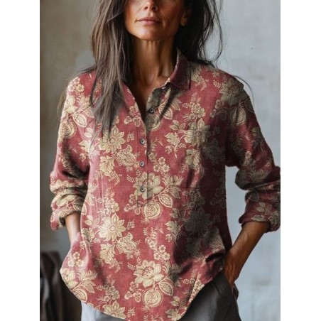 Women's Floral Long Sleeve Shirt Spring/Fall Henley Collar Daily Vintage Top
