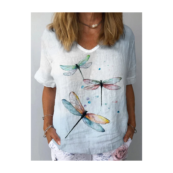 Women Dragonfly Short Sleeve Blouse Summer Crew Neck Daily Casual Top