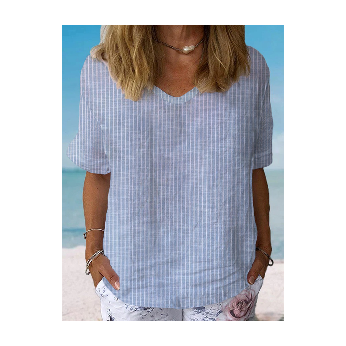 Women Striped Short Sleeve Blouse Summer Crew Neck Daily Casual Top
