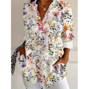 Women Floral Long Sleeve Shirt Spring/Fall Buckle Shirt Collar Daily Casual Top