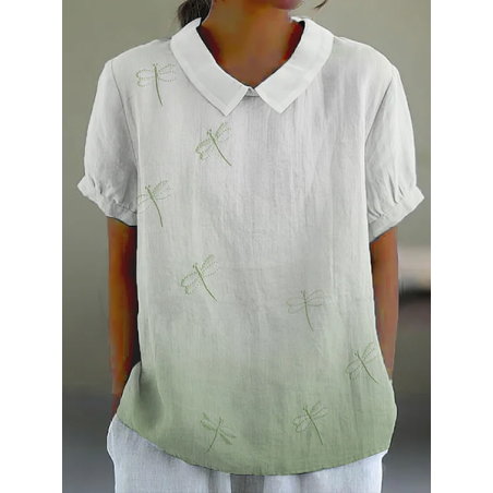 Women Dragonfly Short Sleeve Shirt Summer Shawl Collar Daily Casual Top