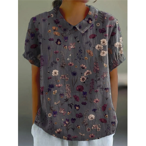 Women Floral Short Sleeve Shirt Summer Printing Shawl Collar Daily Casual Top