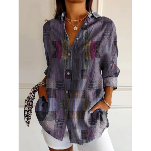Women Geometric Long Sleeve Shirt Spring/Fall Buckle Shirt Collar Daily Casual Top