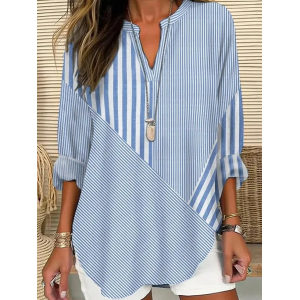 Women Striped Long Sleeve Blouse Spring/Fall Printing V Neck Daily Casual Top