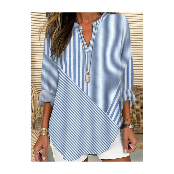Women Striped Long Sleeve Blouse Spring/Fall Printing V Neck Daily Casual Top
