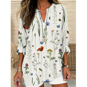 Women Floral Long Sleeve Blouse Spring/Fall Printing V Neck Daily Casual Top