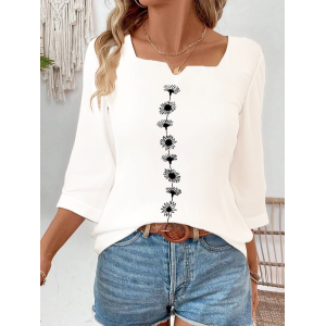 Women Floral Three Quarter Sleeve Blouse Spring/Fall Printing Notched Daily Casual Top