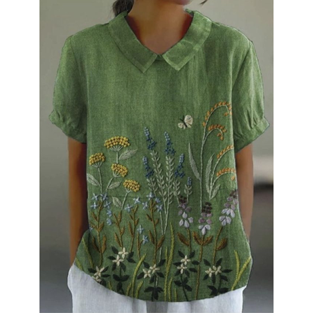Women Floral Short Sleeve Shirt Summer Printing Shawl Collar Daily Casual Top