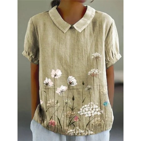 Women Floral Short Sleeve Shirt Summer Printing Shawl Collar Daily Casual Top