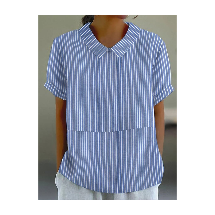 Women Striped Short Sleeve Shirt Summer Printing Shawl Collar Daily Casual Top