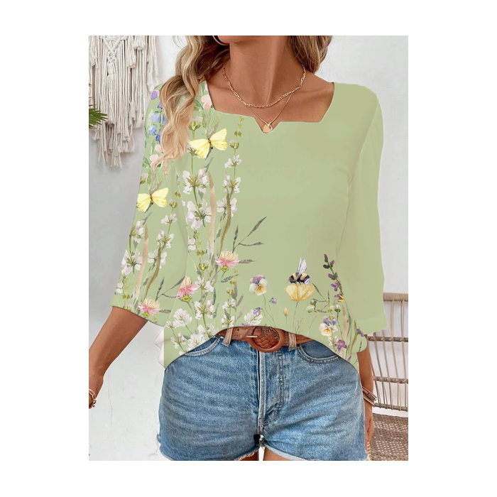 Women Floral Three Quarter Sleeve Blouse Spring/Fall Printing Notched Daily Casual Top