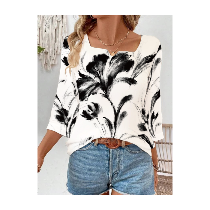 Women Floral Three Quarter Sleeve Blouse Spring/Fall Printing Notched Daily Casual Top