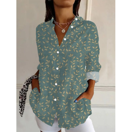 Women Floral Long Sleeve Shirt Spring/Fall Buckle Shirt Collar Daily Casual Top